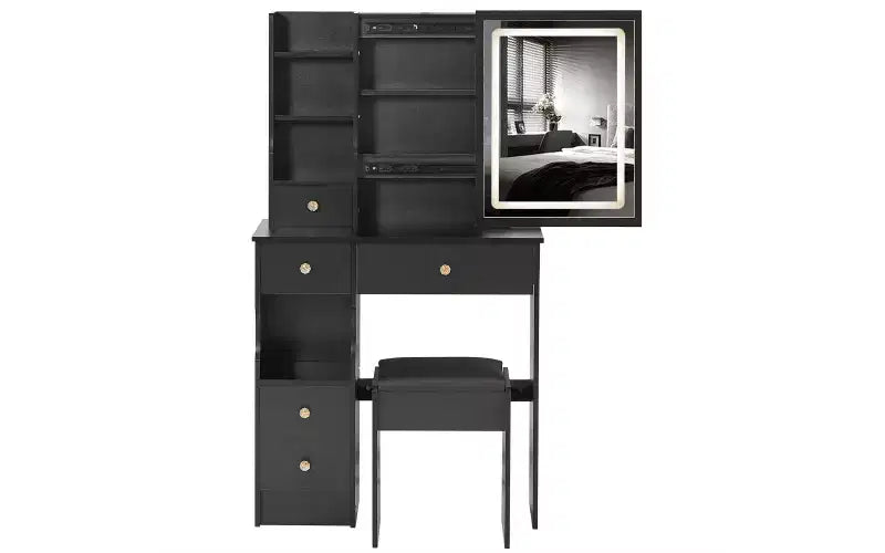 Coiffeuse de maquillage naturelle de 29,2 pouces avec miroir LED, rangement organisé, support pour sèche-cheveux et tabouret assorti pour petits espaces