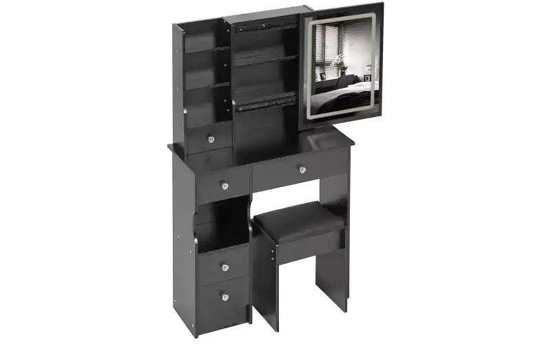 Coiffeuse de maquillage naturelle de 29,2 pouces avec miroir LED, rangement organisé, support pour sèche-cheveux et tabouret assorti pour petits espaces