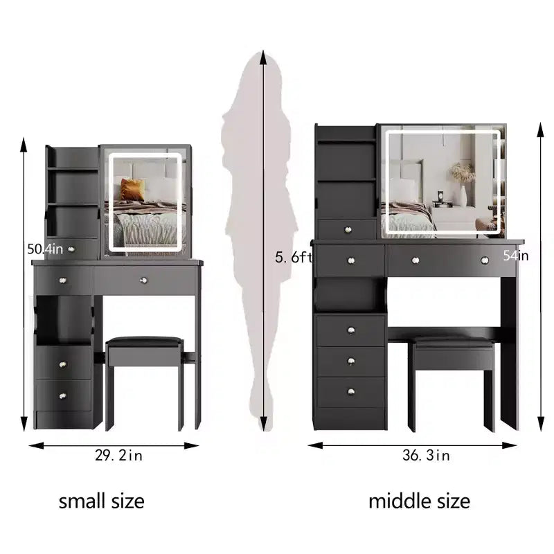 Coiffeuse de maquillage naturelle de 29,2 pouces avec miroir LED, rangement organisé, support pour sèche-cheveux et tabouret assorti pour petits espaces