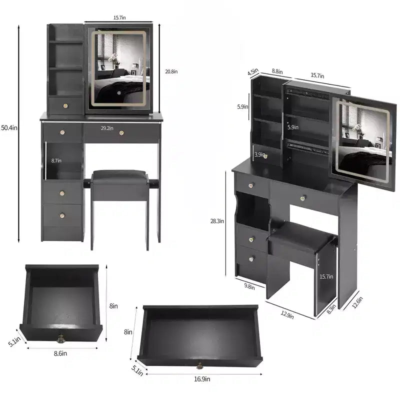 Coiffeuse de maquillage naturelle de 29,2 pouces avec miroir LED, rangement organisé, support pour sèche-cheveux et tabouret assorti pour petits espaces