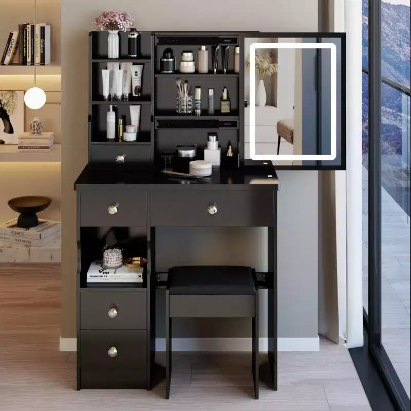 Coiffeuse de maquillage naturelle de 29,2 pouces avec miroir LED, rangement organisé, support pour sèche-cheveux et tabouret assorti pour petits espaces