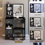 Coiffeuse de maquillage naturelle de 29,2 pouces avec miroir LED, rangement organisé, support pour sèche-cheveux et tabouret assorti pour petits espaces