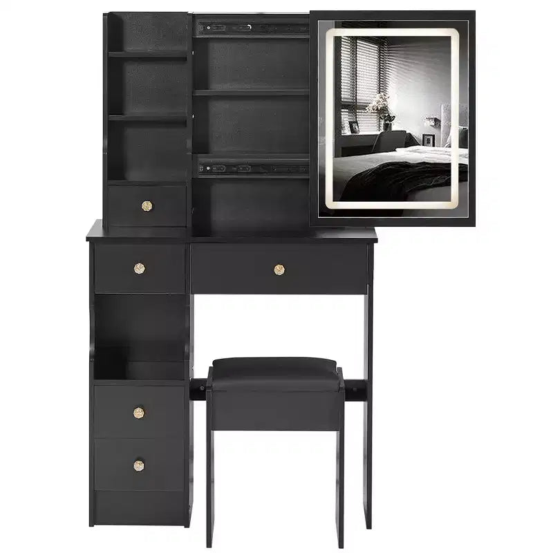Coiffeuse de maquillage naturelle de 29,2 pouces avec miroir LED, rangement organisé, support pour sèche-cheveux et tabouret assorti pour petits espaces