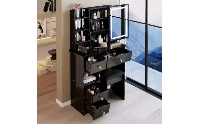 Coiffeuse de maquillage naturelle de 29,2 pouces avec miroir LED, rangement organisé, support pour sèche-cheveux et tabouret assorti pour petits espaces