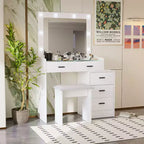Coiffeuse moderne avec miroir et lumières, 5 tiroirs, tabouret assorti et étagères ouvertes pour chambre à coucher, finition blanche