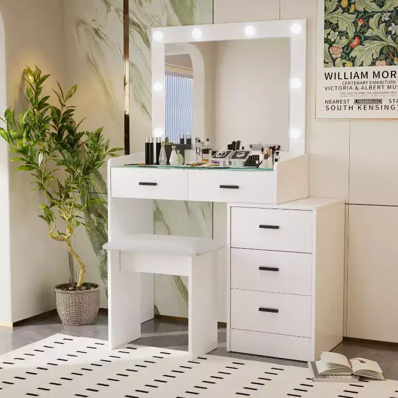 Coiffeuse moderne avec miroir et lumières, 5 tiroirs, tabouret assorti et étagères ouvertes pour chambre à coucher, finition blanche