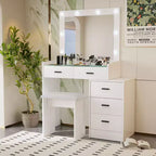 Coiffeuse moderne avec miroir et lumières, 5 tiroirs, tabouret assorti et étagères ouvertes pour chambre à coucher, finition blanche