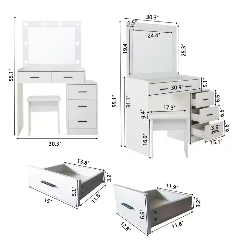 Coiffeuse moderne avec miroir et lumières, 5 tiroirs, tabouret assorti et étagères ouvertes pour chambre à coucher, finition blanche