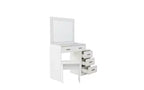 Coiffeuse moderne avec miroir et lumières, 5 tiroirs, tabouret assorti et étagères ouvertes pour chambre à coucher, finition blanche