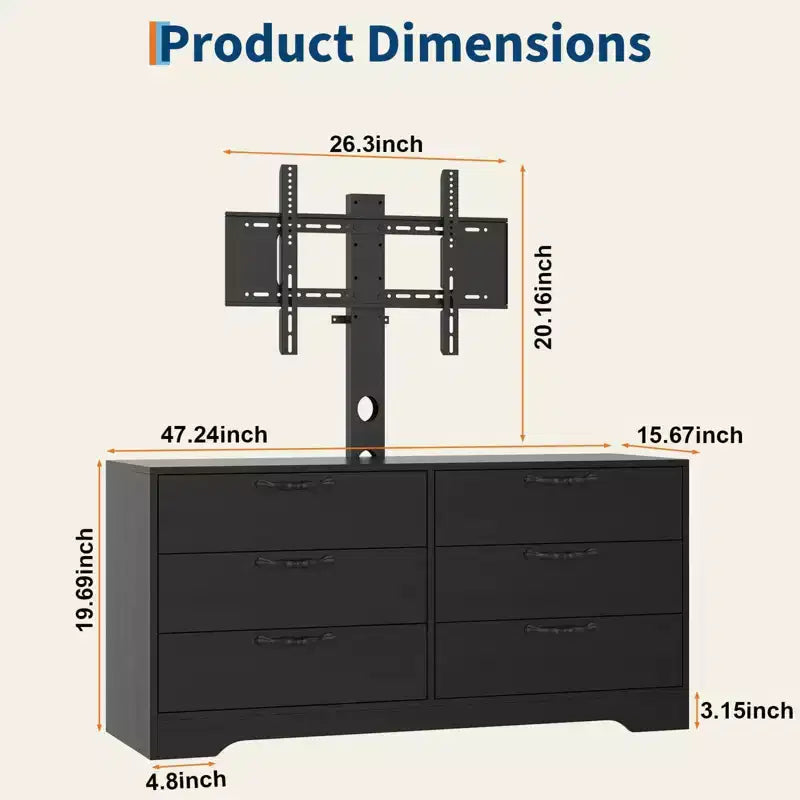 Meuble TV avec support pour téléviseurs de 32 à 75 pouces, meuble de divertissement en bois à 6 tiroirs, meuble de rangement multimédia réglable pour salon et chambre