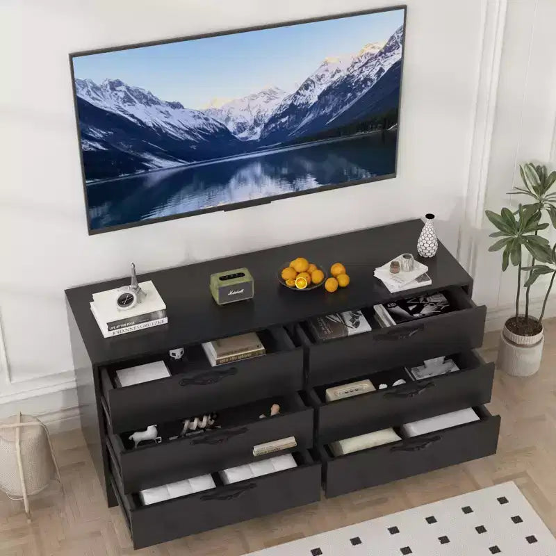 Meuble TV avec support pour téléviseurs de 32 à 75 pouces, meuble de divertissement en bois à 6 tiroirs, meuble de rangement multimédia réglable pour salon et chambre