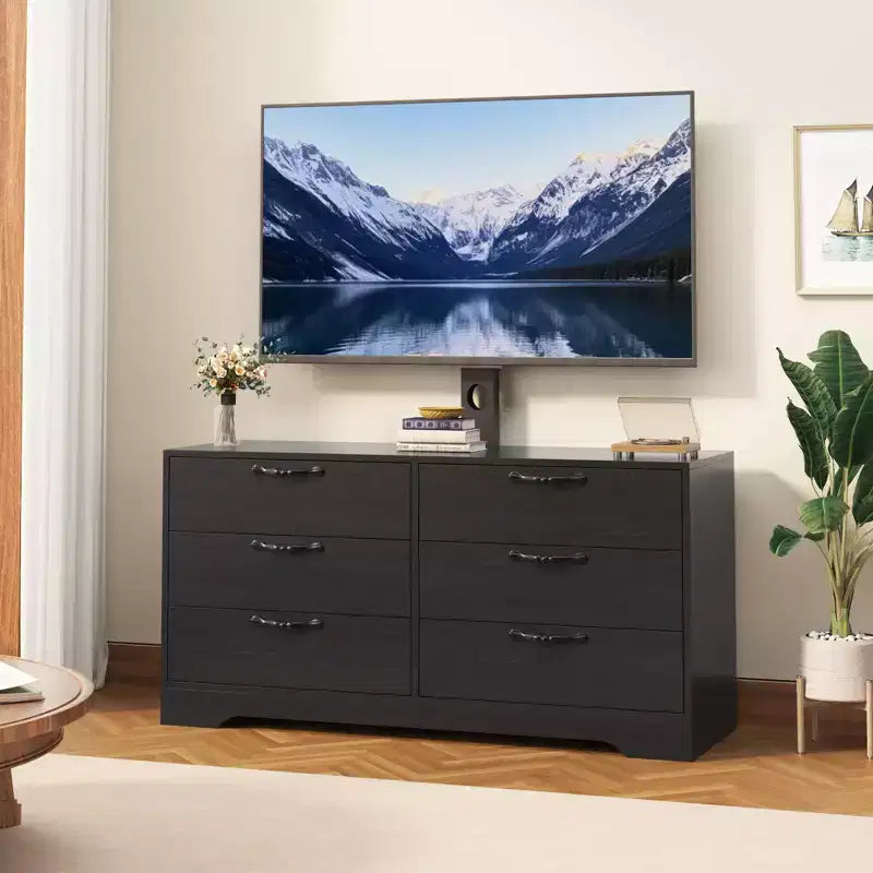 Meuble TV avec support pour téléviseurs de 32 à 75 pouces, meuble de divertissement en bois à 6 tiroirs, meuble de rangement multimédia réglable pour salon et chambre