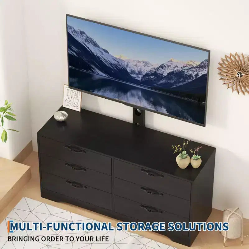 Meuble TV avec support pour téléviseurs de 32 à 75 pouces, meuble de divertissement en bois à 6 tiroirs, meuble de rangement multimédia réglable pour salon et chambre