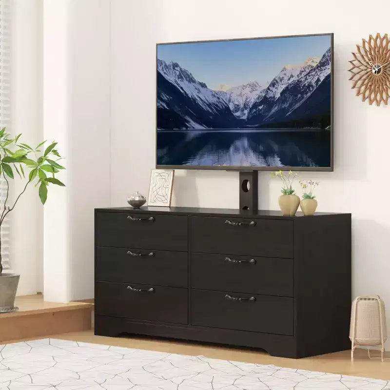 Meuble TV avec support pour téléviseurs de 32 à 75 pouces, meuble de divertissement en bois à 6 tiroirs, meuble de rangement multimédia réglable pour salon et chambre