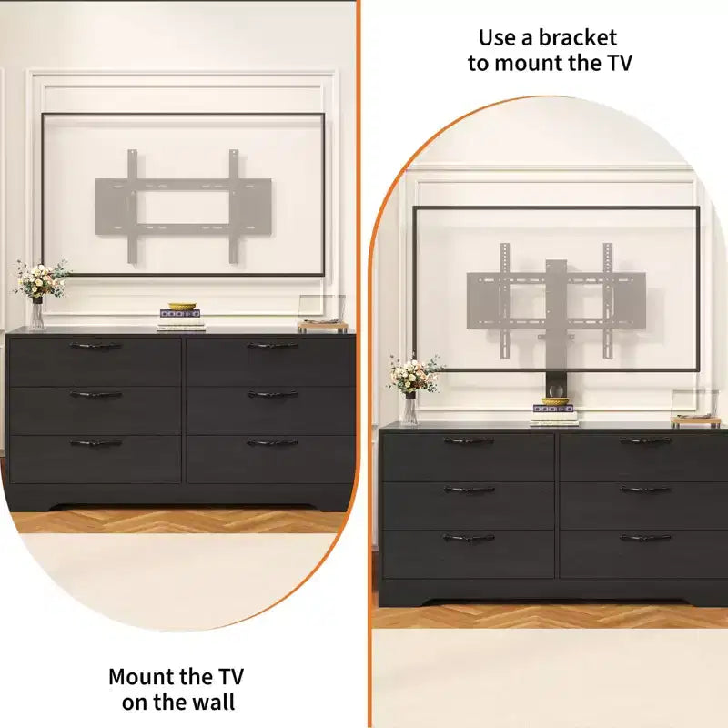 Meuble TV avec support pour téléviseurs de 32 à 75 pouces, meuble de divertissement en bois à 6 tiroirs, meuble de rangement multimédia réglable pour salon et chambre