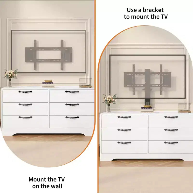 Meuble TV avec support pour téléviseurs de 32 à 75 pouces, meuble de divertissement en bois à 6 tiroirs, meuble de rangement multimédia réglable pour salon et chambre
