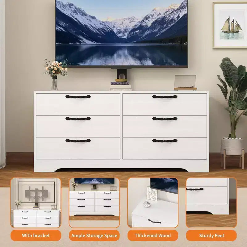 Meuble TV avec support pour téléviseurs de 32 à 75 pouces, meuble de divertissement en bois à 6 tiroirs, meuble de rangement multimédia réglable pour salon et chambre