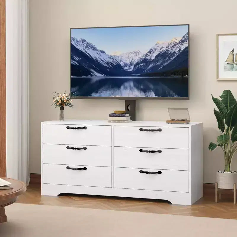 Meuble TV avec support pour téléviseurs de 32 à 75 pouces, meuble de divertissement en bois à 6 tiroirs, meuble de rangement multimédia réglable pour salon et chambre