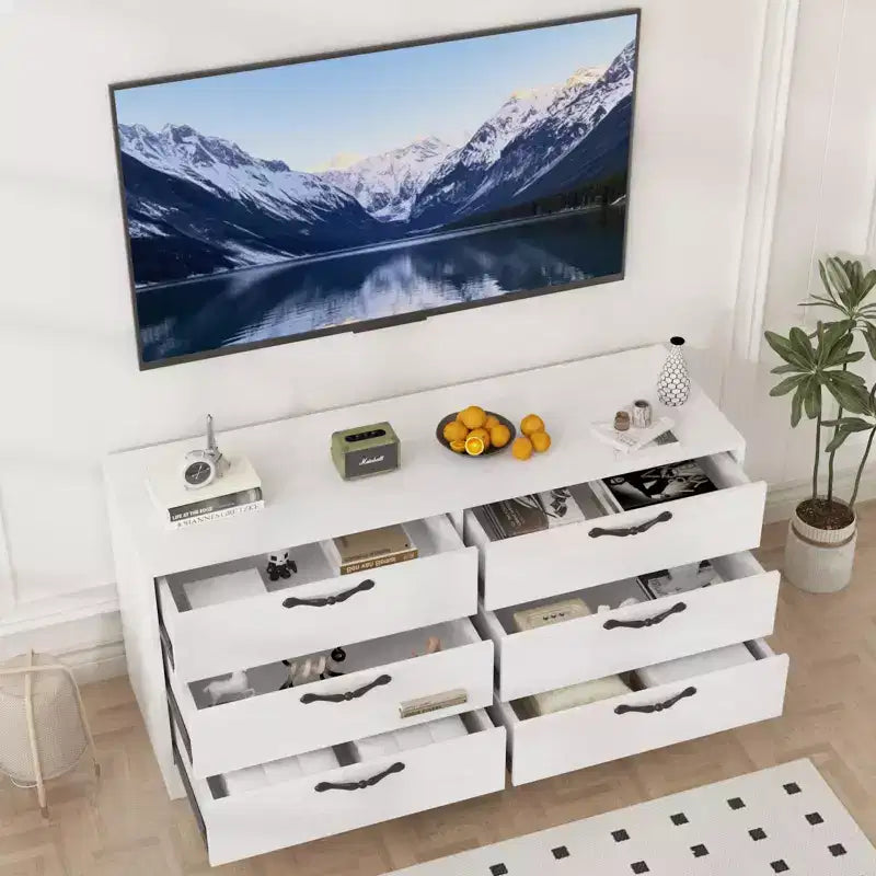 Meuble TV avec support pour téléviseurs de 32 à 75 pouces, meuble de divertissement en bois à 6 tiroirs, meuble de rangement multimédia réglable pour salon et chambre