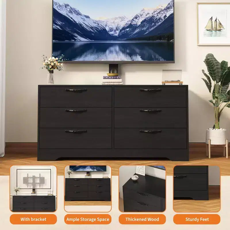 Meuble TV avec support pour téléviseurs de 32 à 75 pouces, meuble de divertissement en bois à 6 tiroirs, meuble de rangement multimédia réglable pour salon et chambre