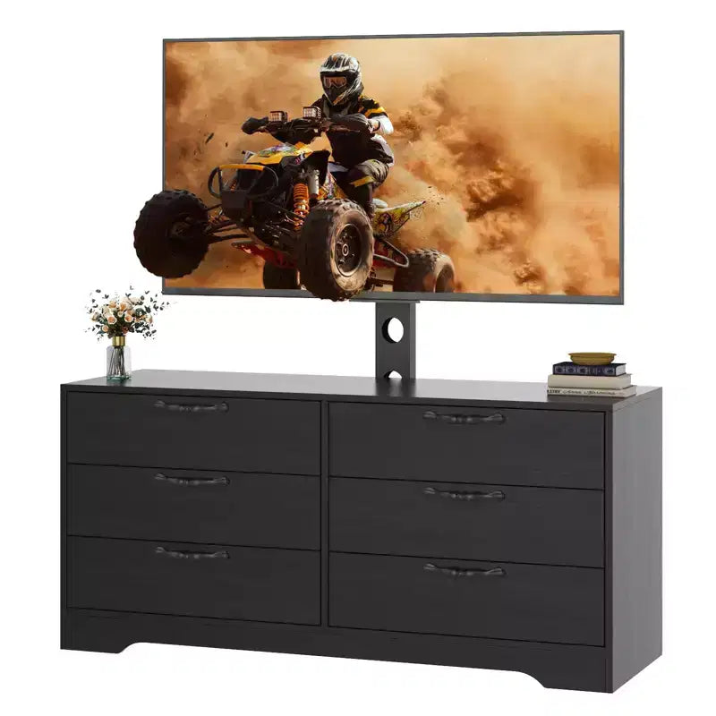 Meuble TV avec support pour téléviseurs de 32 à 75 pouces, meuble de divertissement en bois à 6 tiroirs, meuble de rangement multimédia réglable pour salon et chambre