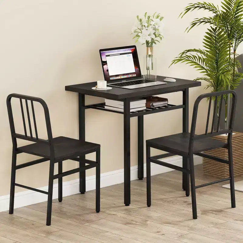 Costway Ensemble Table et Chaises de Salle à Manger Rectangulaire 3 Pièces Coin Repas en Bois avec Étagère de Rangement Gris et Noir