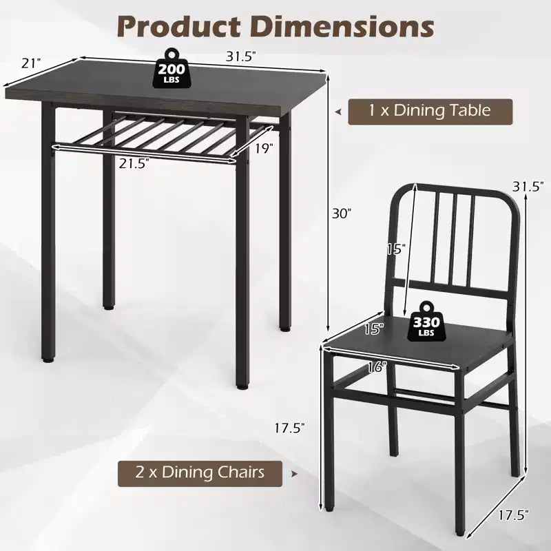 Costway Ensemble Table et Chaises de Salle à Manger Rectangulaire 3 Pièces Coin Repas en Bois avec Étagère de Rangement Gris et Noir