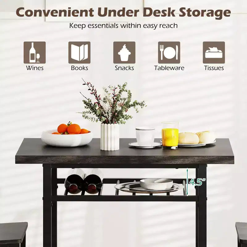 Costway Ensemble Table et Chaises de Salle à Manger Rectangulaire 3 Pièces Coin Repas en Bois avec Étagère de Rangement Gris et Noir