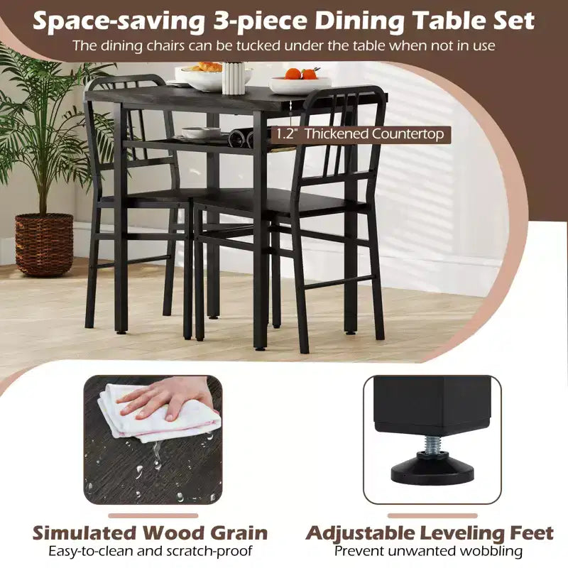 Costway Ensemble Table et Chaises de Salle à Manger Rectangulaire 3 Pièces Coin Repas en Bois avec Étagère de Rangement Gris et Noir