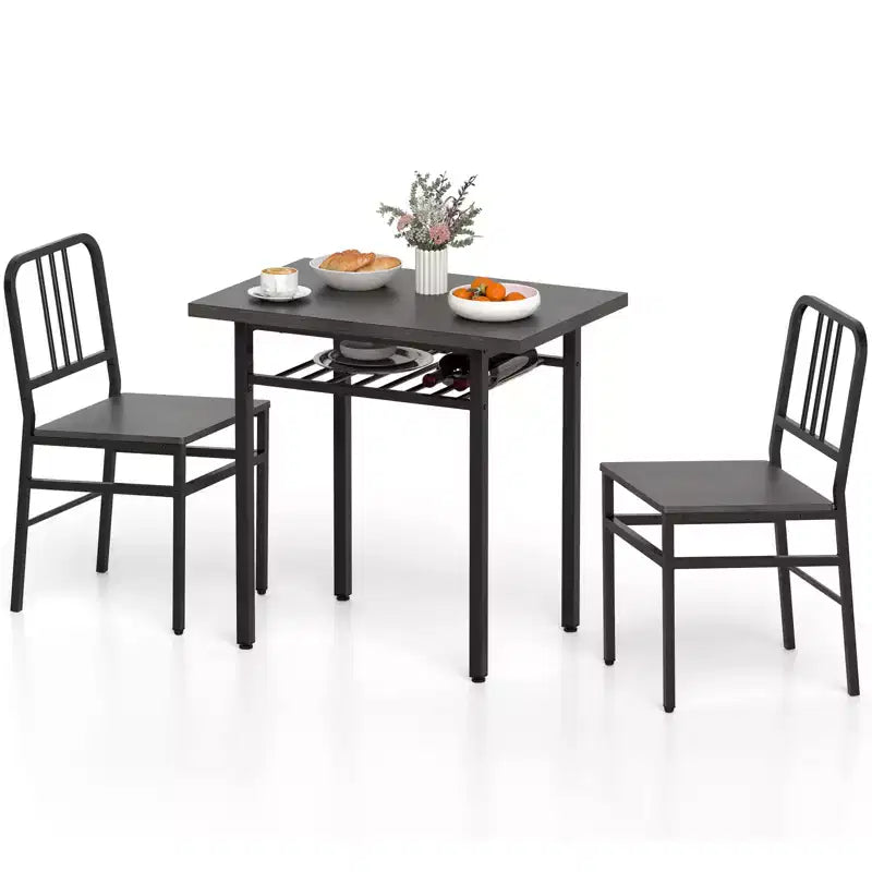 Costway Ensemble Table et Chaises de Salle à Manger Rectangulaire 3 Pièces Coin Repas en Bois avec Étagère de Rangement Gris et Noir