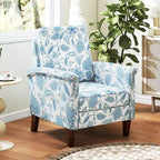 Costway Fauteuil d'appoint floral 1/2 pièce avec pieds en bois massif et dossier haut Coussins épais et confortables Bleu/Beige