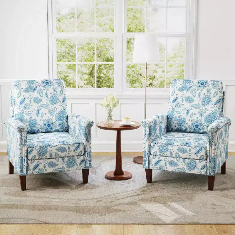 Costway Fauteuil d'appoint floral 1/2 pièce avec pieds en bois massif et dossier haut Coussins épais et confortables Bleu/Beige