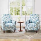 Costway Fauteuil d'appoint floral 1/2 pièce avec pieds en bois massif et dossier haut Coussins épais et confortables Bleu/Beige