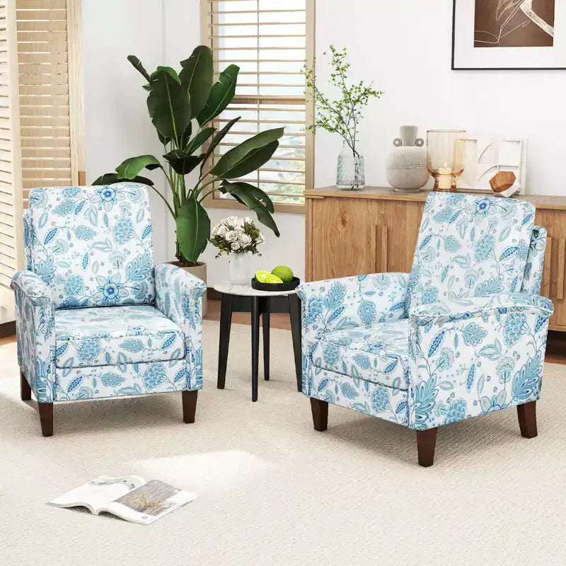 Costway Fauteuil d'appoint floral 1/2 pièce avec pieds en bois massif et dossier haut Coussins épais et confortables Bleu/Beige