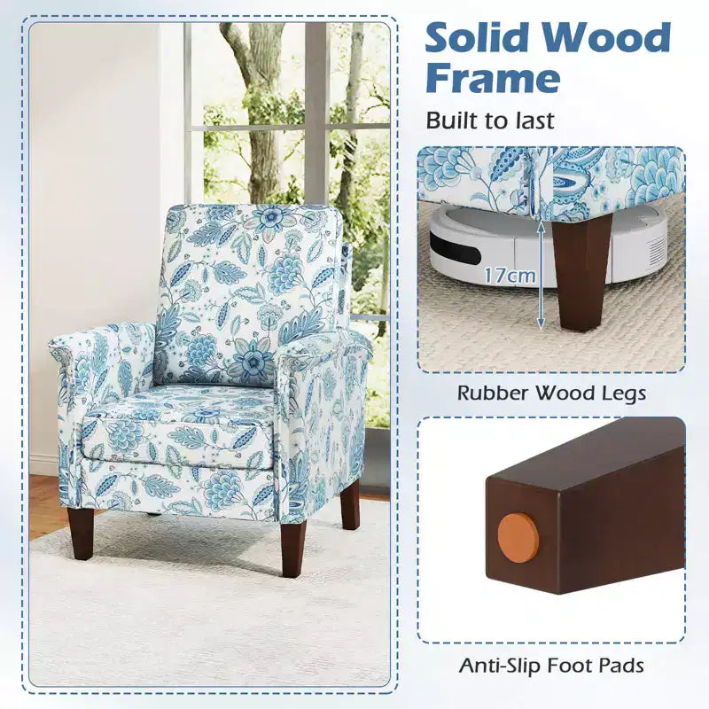 Costway Fauteuil d'appoint floral 1/2 pièce avec pieds en bois massif et dossier haut Coussins épais et confortables Bleu/Beige