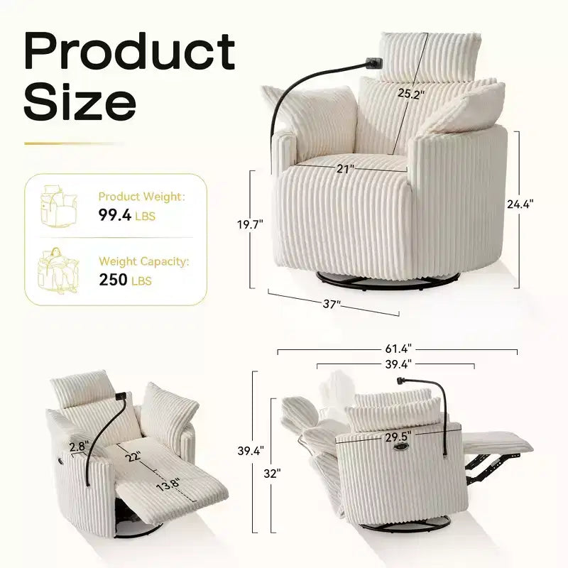 Fauteuil inclinable en velours côtelé, fauteuil pivotant 210 avec dossier et repose-pieds réglables, fauteuil à bascule avec support de téléphone - ModernLuxe