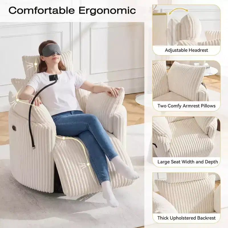 Fauteuil inclinable en velours côtelé, fauteuil pivotant 210 avec dossier et repose-pieds réglables, fauteuil à bascule avec support de téléphone - ModernLuxe