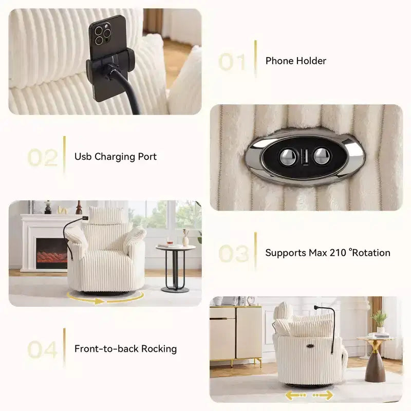 Fauteuil inclinable en velours côtelé, fauteuil pivotant 210 avec dossier et repose-pieds réglables, fauteuil à bascule avec support de téléphone - ModernLuxe