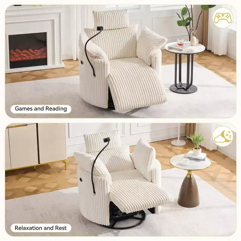 Fauteuil inclinable en velours côtelé, fauteuil pivotant 210 avec dossier et repose-pieds réglables, fauteuil à bascule avec support de téléphone - ModernLuxe