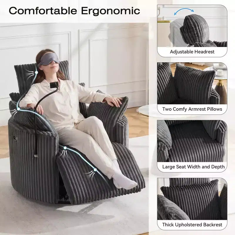 Fauteuil inclinable en velours côtelé, fauteuil pivotant 210 avec dossier et repose-pieds réglables, fauteuil à bascule avec support de téléphone - ModernLuxe