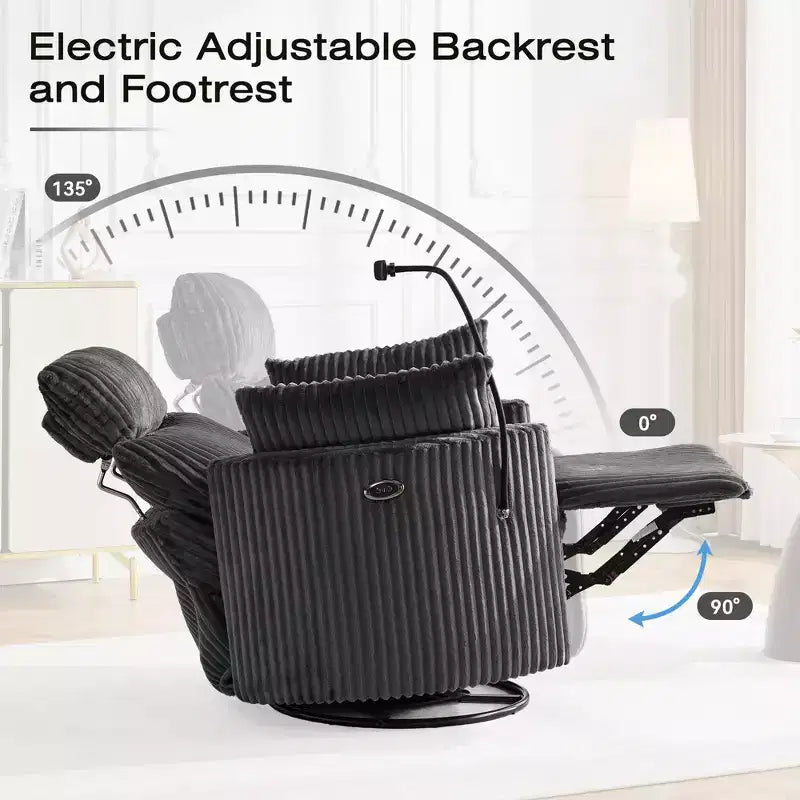 Fauteuil inclinable en velours côtelé, fauteuil pivotant 210 avec dossier et repose-pieds réglables, fauteuil à bascule avec support de téléphone - ModernLuxe