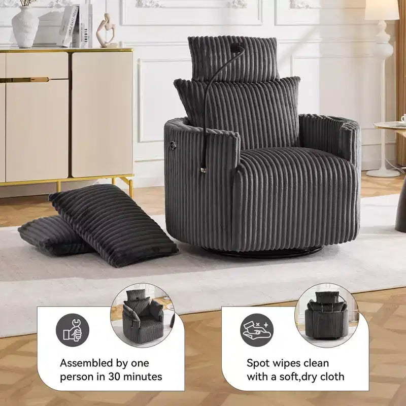 Fauteuil inclinable en velours côtelé, fauteuil pivotant 210 avec dossier et repose-pieds réglables, fauteuil à bascule avec support de téléphone - ModernLuxe