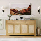 Buffet-bahut 63", meuble de bar à café en rotin avec 3 tiroirs, console multimédia en bois, bahut d'appoint pour salon et cuisine