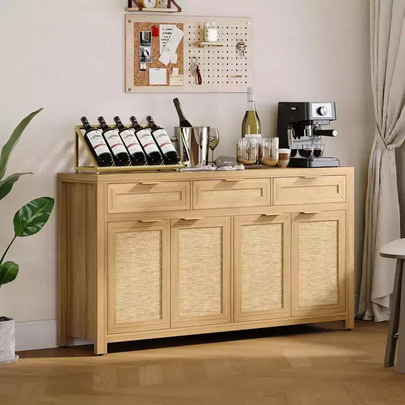 Buffet-bahut 63", meuble de bar à café en rotin avec 3 tiroirs, console multimédia en bois, bahut d'appoint pour salon et cuisine