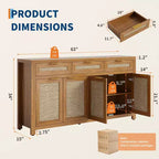 Buffet-bahut 63", meuble de bar à café en rotin avec 3 tiroirs, console multimédia en bois, bahut d'appoint pour salon et cuisine
