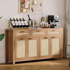 Buffet-bahut 63", meuble de bar à café en rotin avec 3 tiroirs, console multimédia en bois, bahut d'appoint pour salon et cuisine