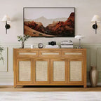 Buffet-bahut 63", meuble de bar à café en rotin avec 3 tiroirs, console multimédia en bois, bahut d'appoint pour salon et cuisine
