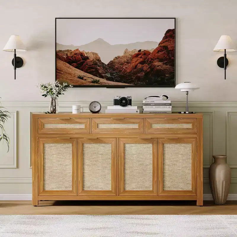 Buffet-bahut 63", meuble de bar à café en rotin avec 3 tiroirs, console multimédia en bois, bahut d'appoint pour salon et cuisine