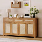 63 Sideboard Buffet Cabinet, Rattan Coffee Bar Cabinet with 3 Drawers, Wooden Media Console Table, Accent Credenza for Living Room Kitchen
