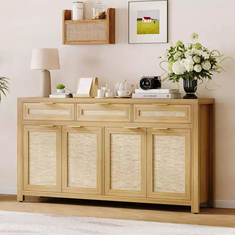 Buffet-bahut 63", meuble de bar à café en rotin avec 3 tiroirs, console multimédia en bois, bahut d'appoint pour salon et cuisine